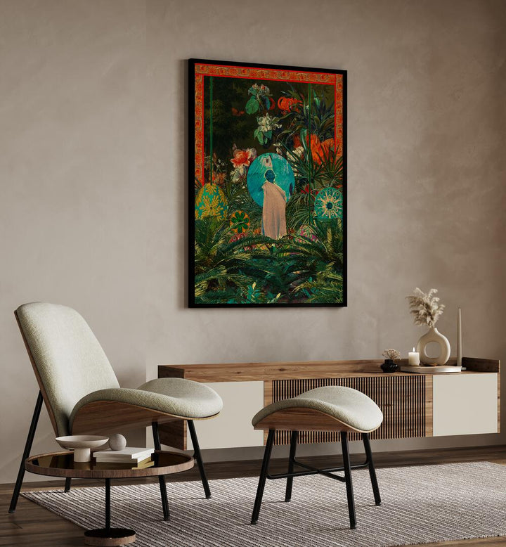 Oasis Queen By Cosmo Zach Surreal Art Prints Surrealism in Black Plain Frame placed on a wall behind a console table