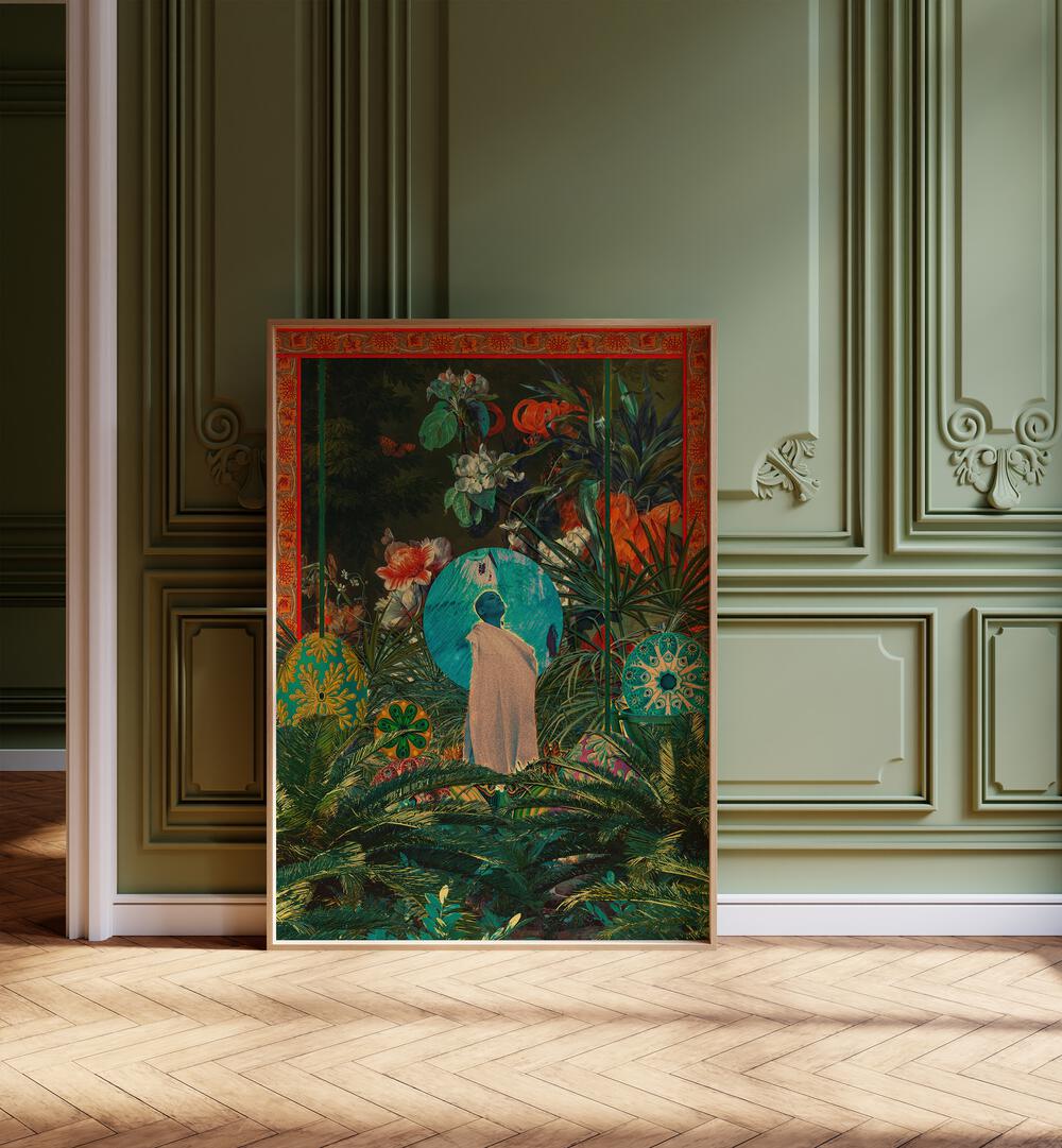 Oasis Queen By Cosmo Zach Surreal Art Prints Surrealism in Oak Wood Plain Frame placed on the floor beside a window