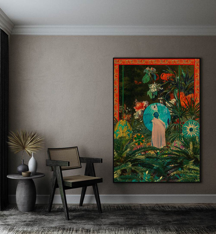 Oasis Queen By Cosmo Zach Surreal Art Prints Surrealism in Black Plain Frame on a wall  beside a chair