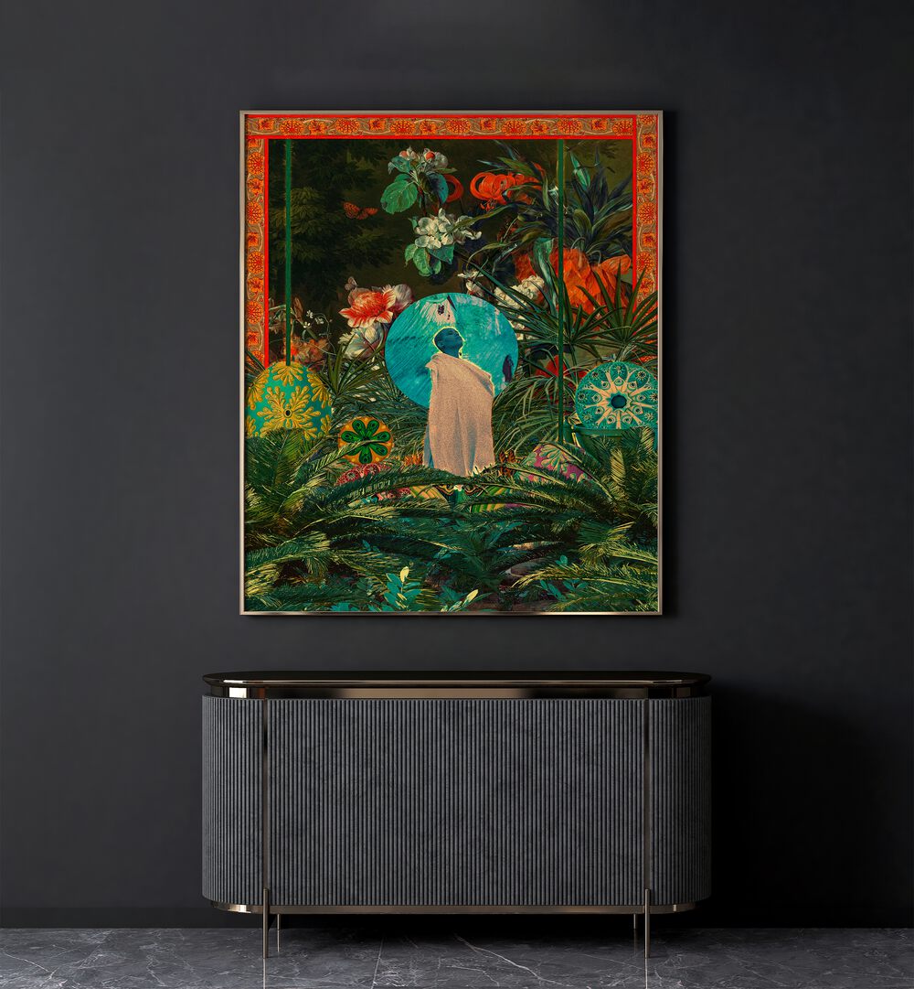 Oasis Queen By Cosmo Zach Surreal Art Prints Surrealism in Oak Wood Plain Frame placed on a wall behind a console table