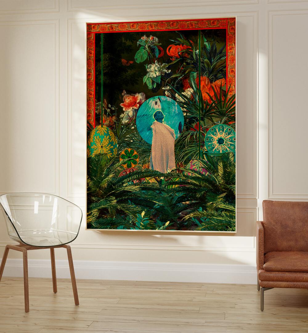 Oasis Queen By Cosmo Zach Surreal Art Prints Surrealism in Oak Wood Plain Frame placed on a wall between a chair and a plant