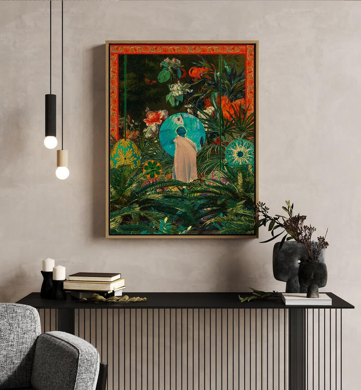 Oasis Queen By Cosmo Zach Surreal Art Prints Surrealism in Oak Wood Floater Frame placed on a wall behind a table