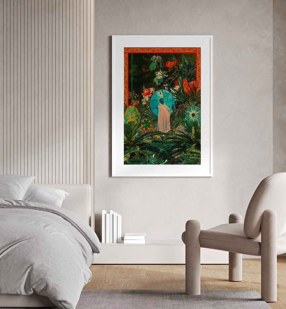 Oasis Queen By Cosmo Zach Surreal Art Prints Surrealism in White Frame With Mount placed on a bedroom wall beside a bed