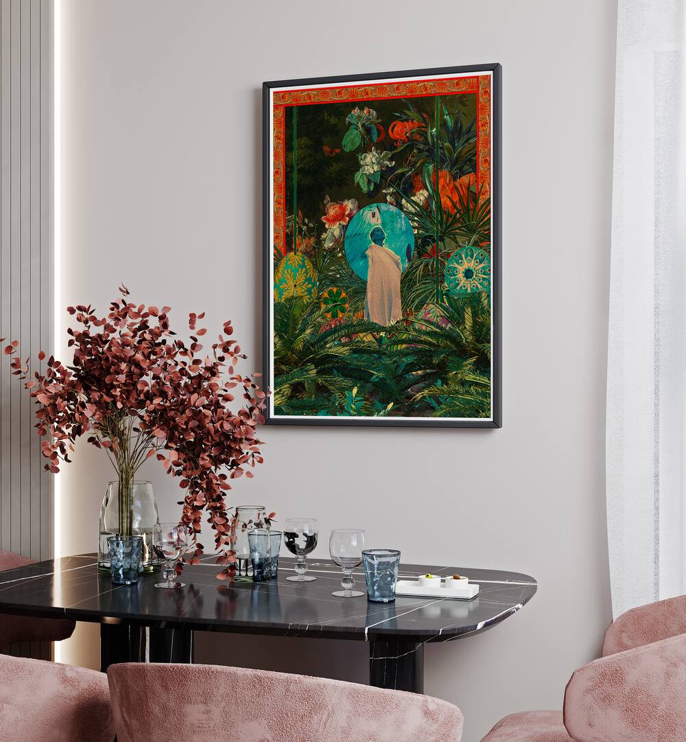 Oasis Queen By Cosmo Zach Surreal Art Prints Surrealism in Black Plain Frame placed on a wall behind a dining table