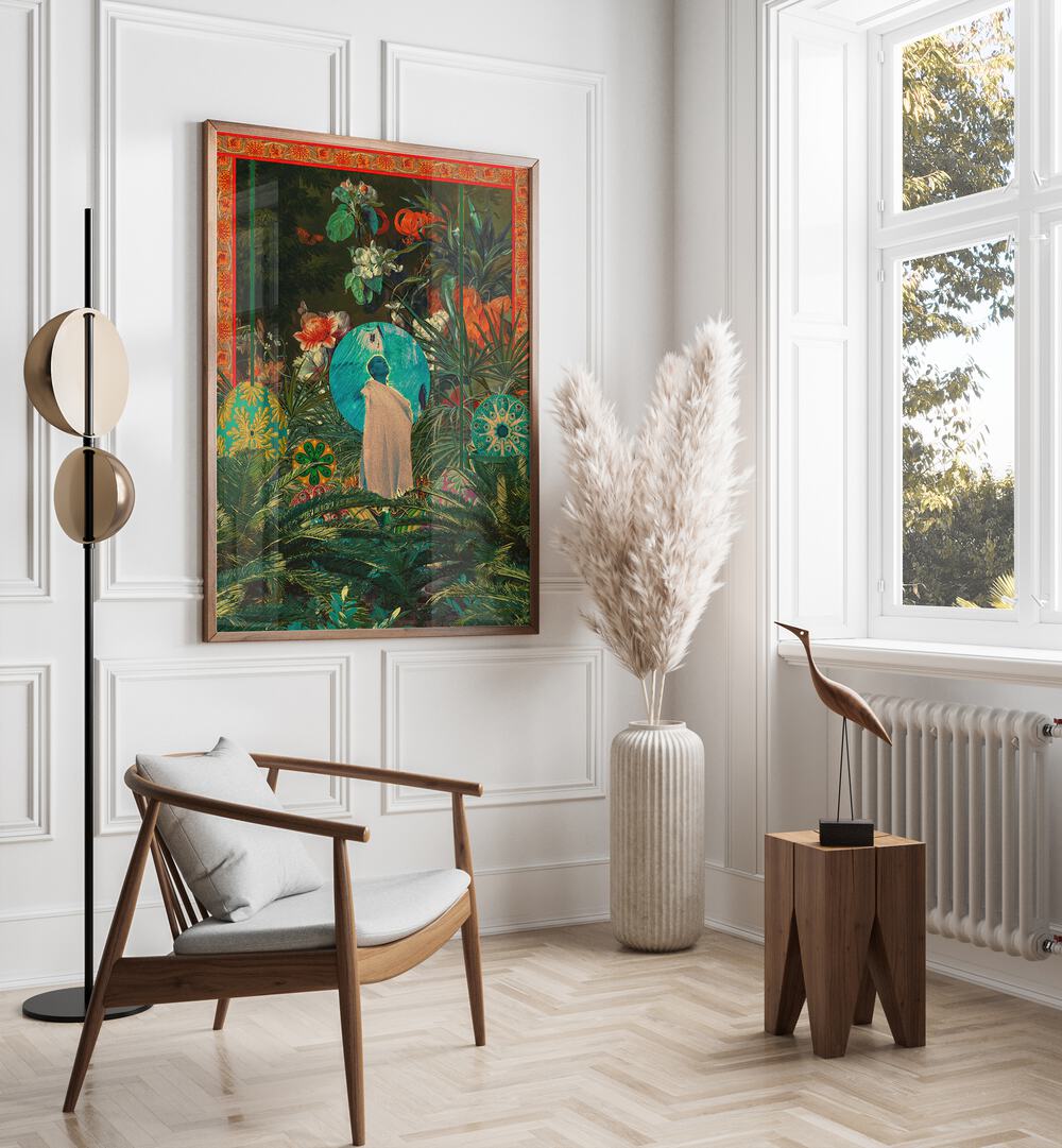 Oasis Queen By Cosmo Zach Surreal Art Prints Surrealism in Oak Wood Plain Frame on a console table beside a plant