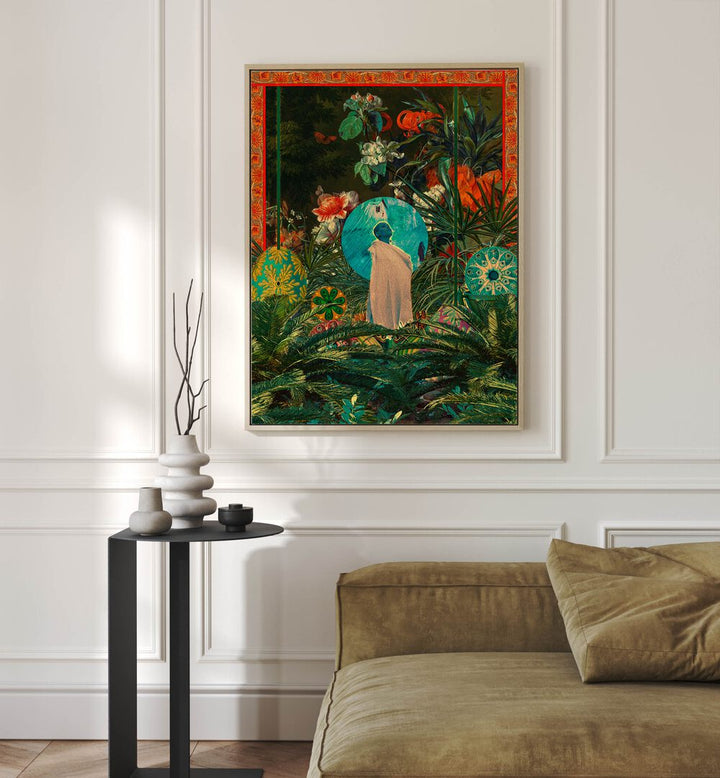 Oasis Queen By Cosmo Zach Surreal Art Prints Surrealism in Oak Wood Plain Frame placed on a wall behind a sofa