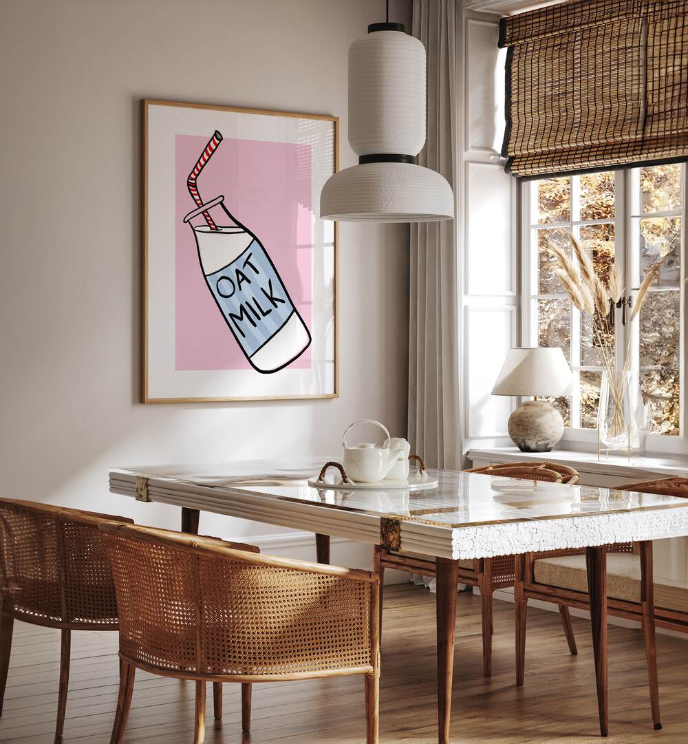 Oat Milk by Athene Fritsch Kitchen Posters Kitchen Art Prints in Oak Wood Frame With Mount placed on a wall in a dining room area beside a window and behind a dining table