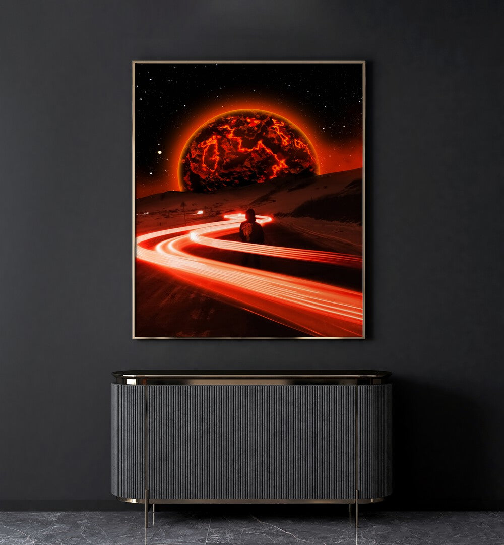 Oblivion By Ritvik Takkar Surreal Art Prints in Gold Plain Frame placed on a Dark Grey Colored Wall above a Console Table in the Drawing Room