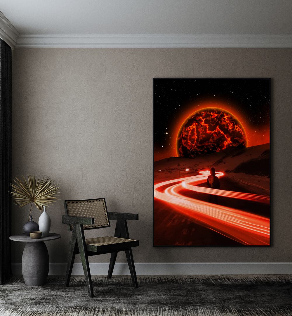 Oblivion By Ritvik Takkar Surreal Art Prints in Black Plain Frame placed on a Beige Colored Wall in the Drawing Room