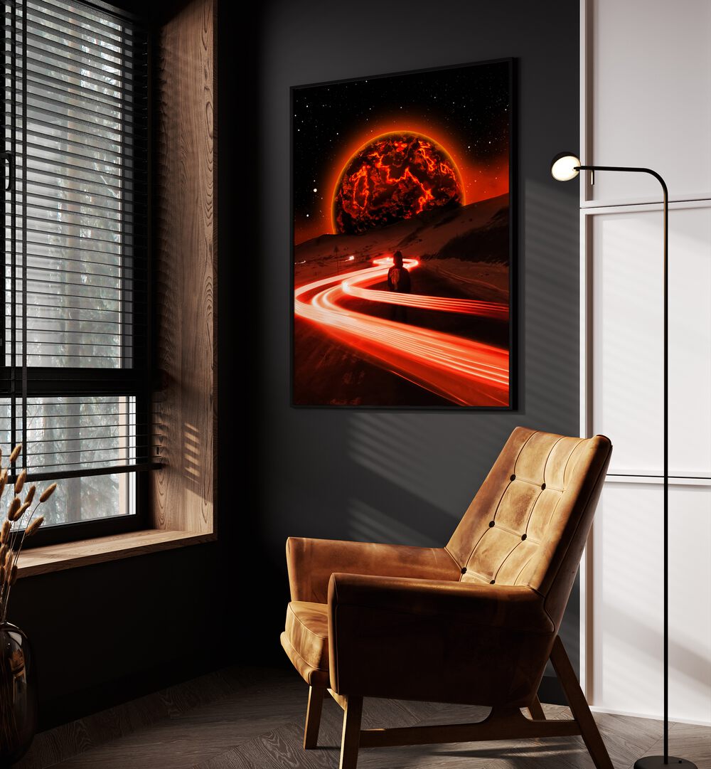 Oblivion By Ritvik Takkar Surreal Art Prints in Black Plain Frame placed on a Dark Grey Colored Wall in the Drawing Room