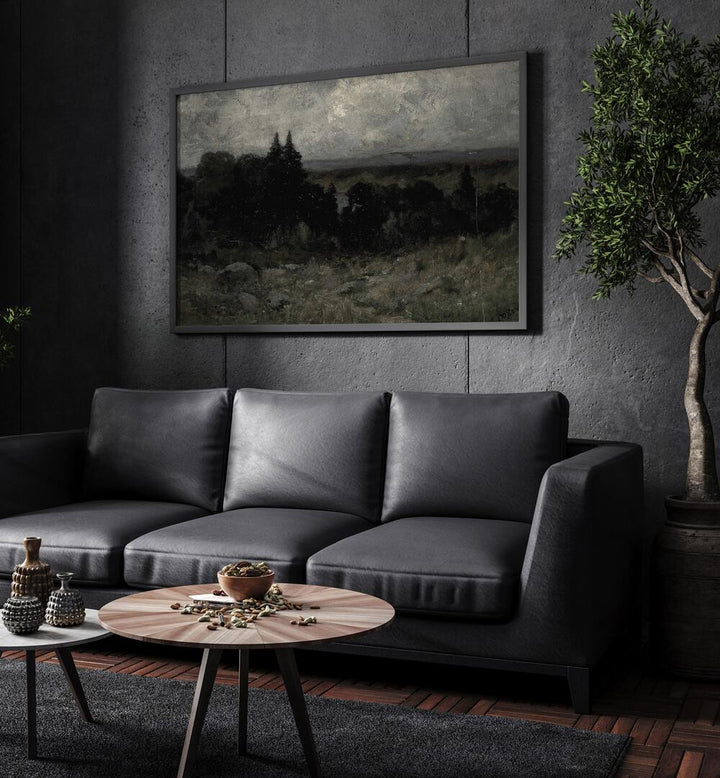 Obsidian Dreams Echoes Of Gothic Majesty Gothic Art Prints in Black Plain Frame hanging on a wall above black leather couch beside a plant.