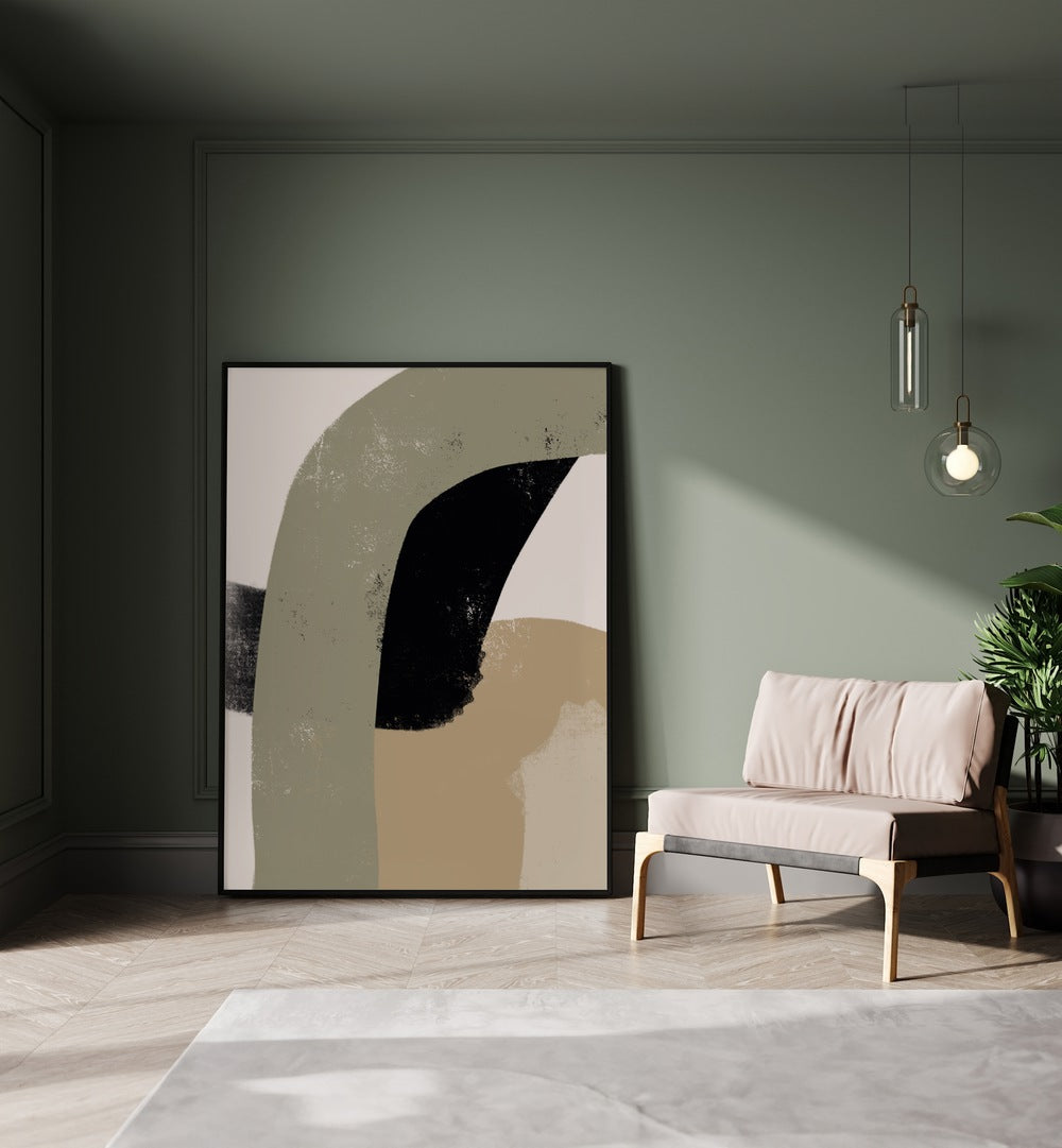 Obviam by Yopie Studio Abstract Paintings Abstract Art Prints in Black Plain Frame placed on the floor beside a sofa