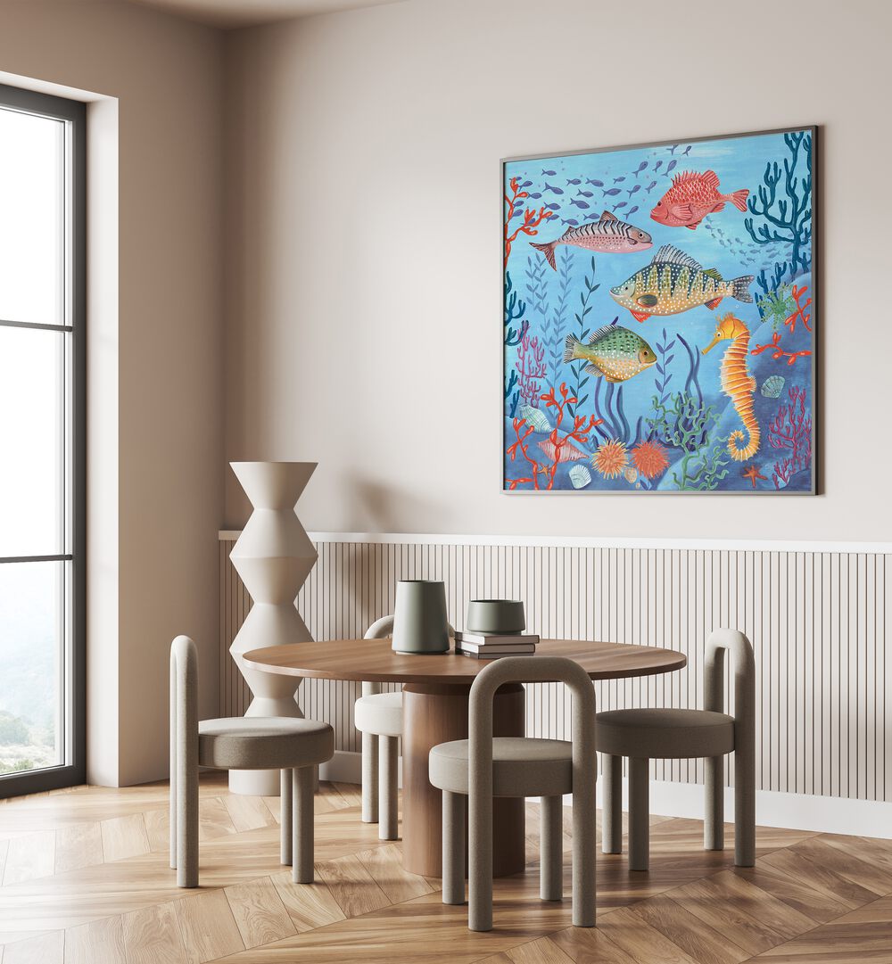 Ocean Life By Caroline Bonne Muller Wildlife Paintings in Black Plain Frame on a wall behind a dining table for dining room