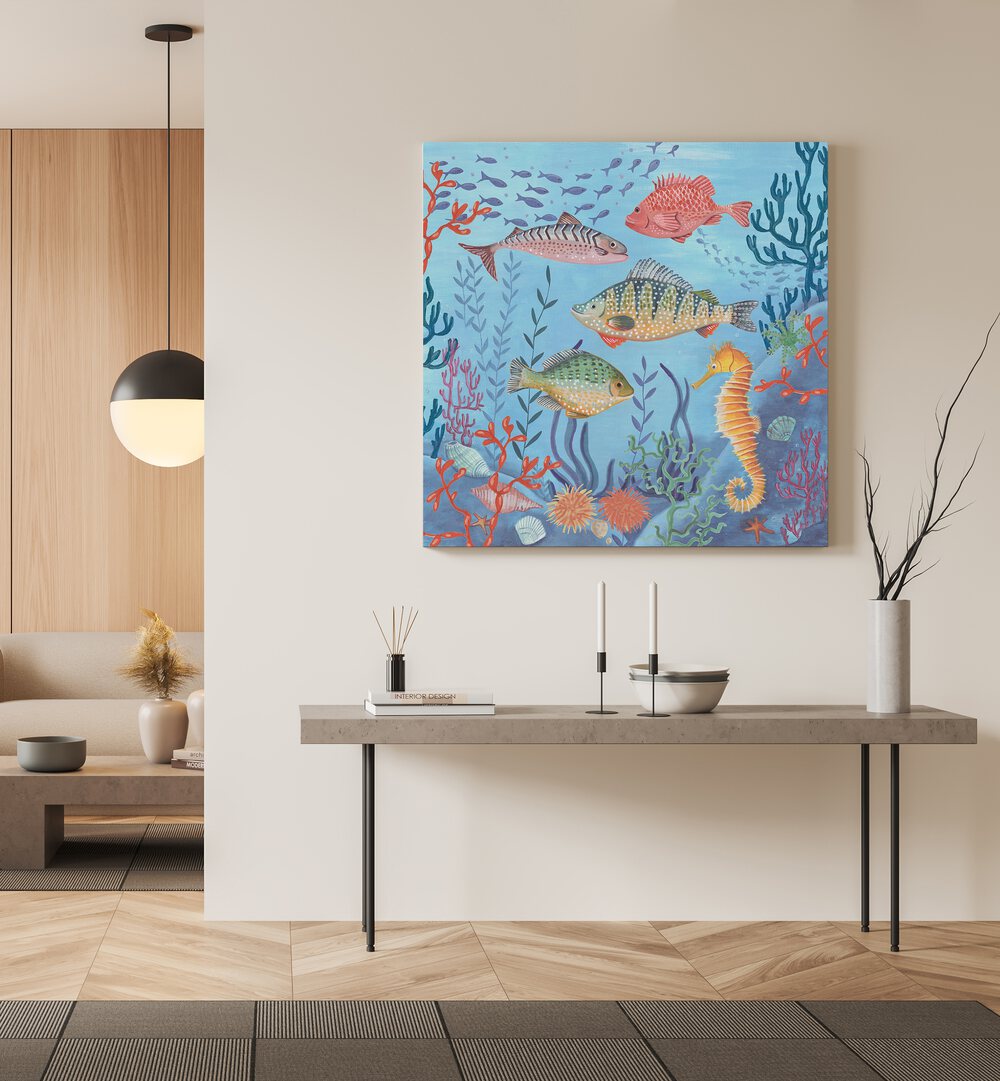 Ocean Life By Caroline Bonne Muller Wildlife Paintings in Gallery Wrap on a wall above a table