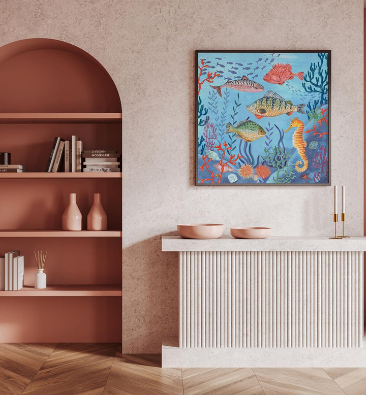 Ocean Life By Caroline Bonne Muller Wildlife Paintings in Black Plain Frame on a pink wall above a  table