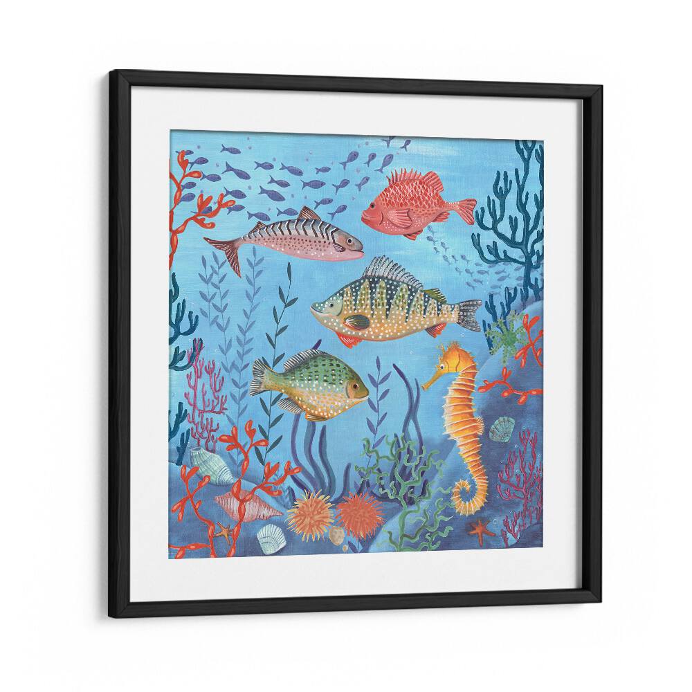 Ocean Life By Caroline Bonne Muller Wildlife Paintings in Black Frame With Mount