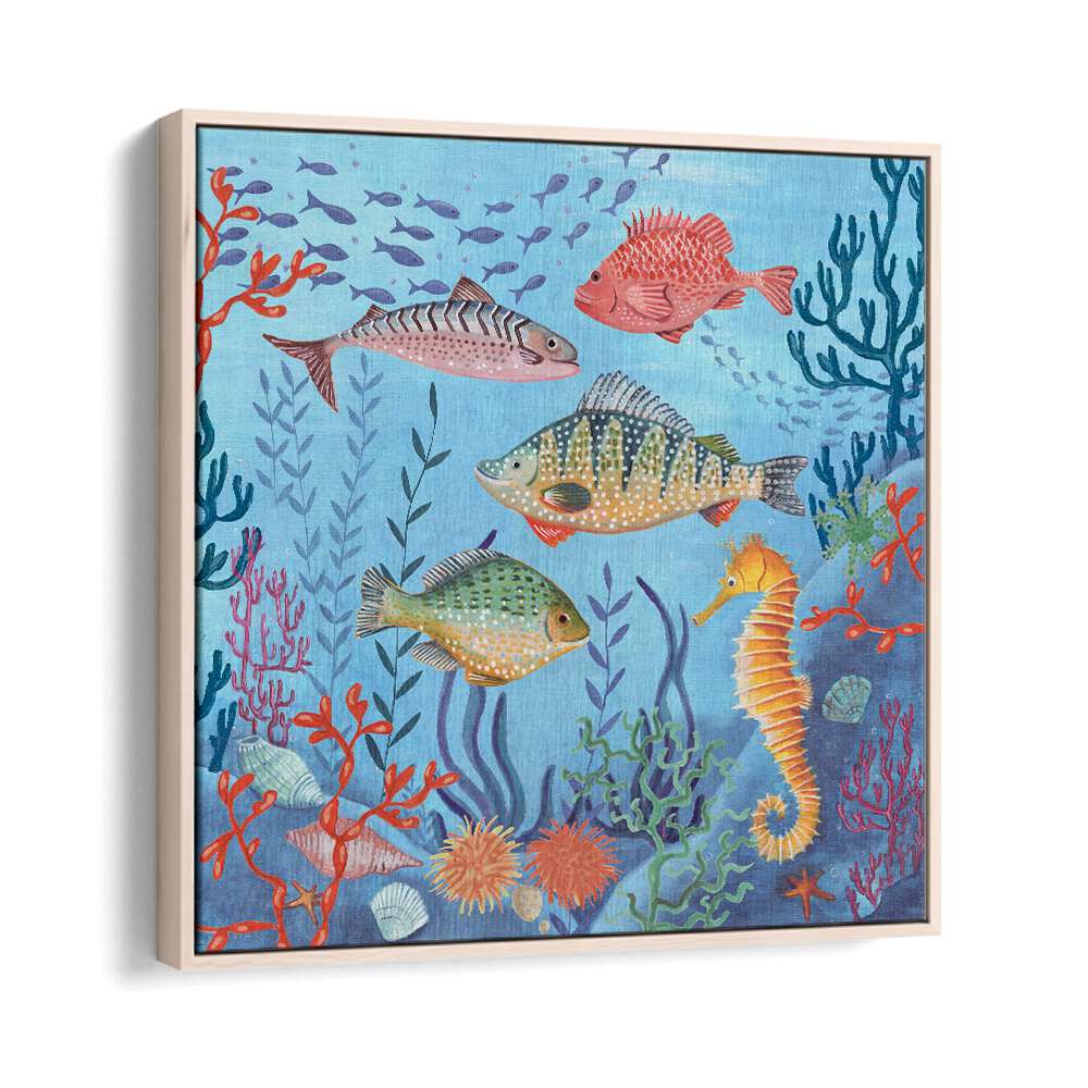 Ocean Life By Caroline Bonne Muller Wildlife Paintings in Oak Wood Floater Frame