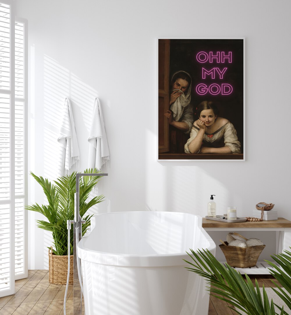 Ohh My God  Altered Art Prints in White Plain Frame placed on a wall behind a bathtub for bathroom