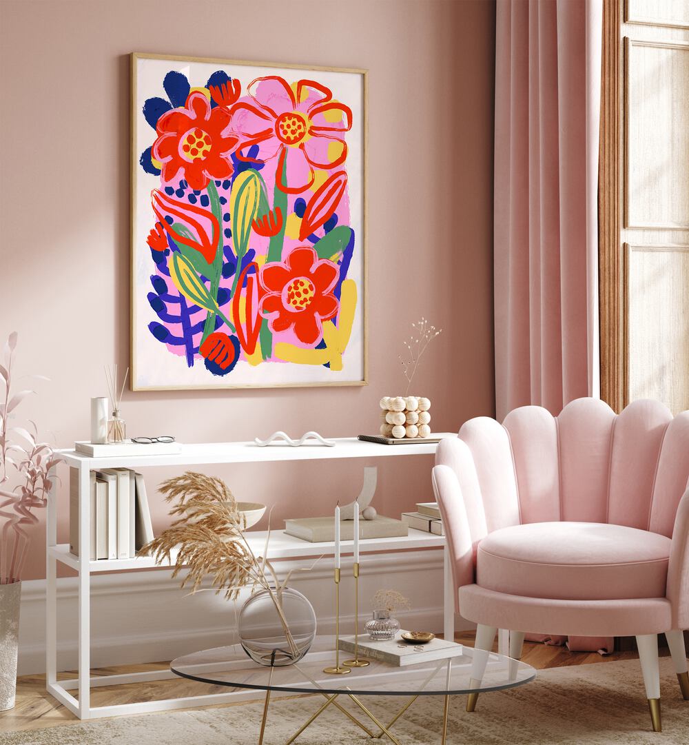 Oil Paint Flower By Treechild Botanical Art Prints in Oak Wood Plain Frame placed on a Pink Colored Wall above a Console Table in the Drawing Room