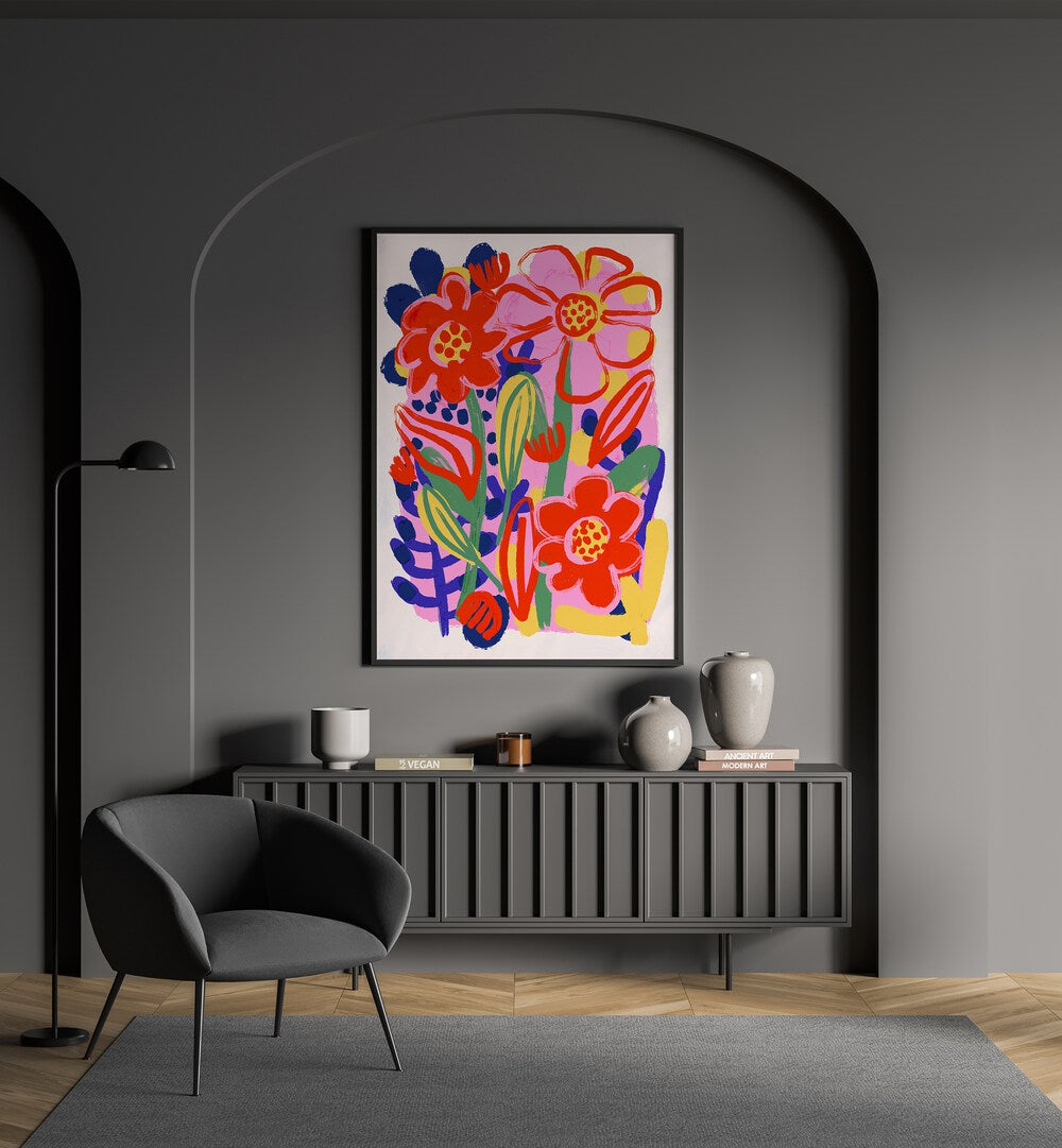 Oil Paint Flower By Treechild Botanical Art Prints in Black Plain Frame placed on a Dark Grey Colored Wall in the Drawing Room