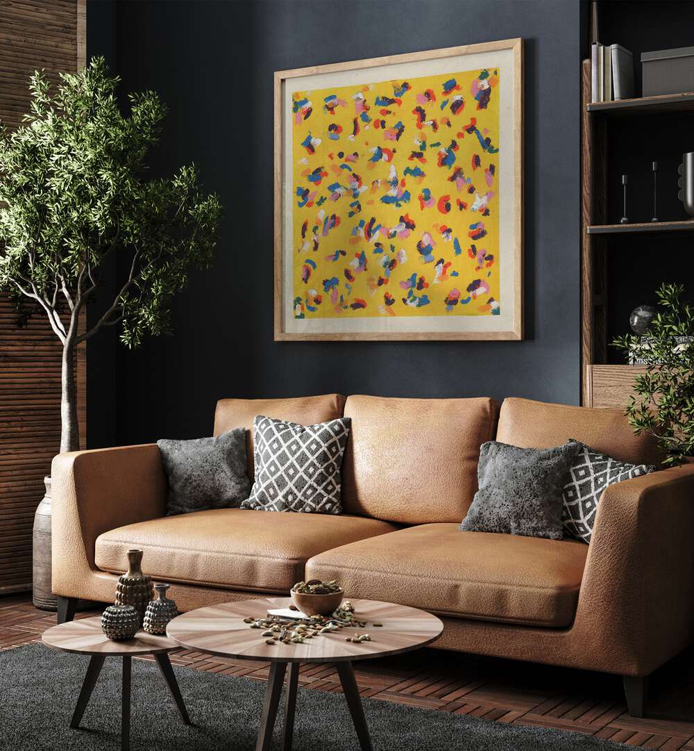 Oil Pastel Art by Dianne Nicole Fernando Abstract Paintings in Oak Wood Frame With Mount placed on a wall behind a sofa for living room