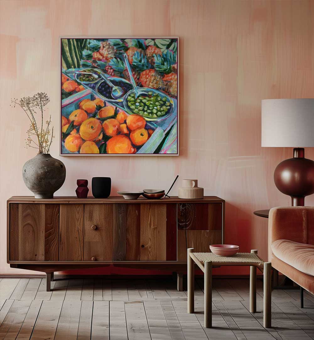 Framed colorful olive and citrus art above midcentury sideboard, OLIVE LOVER , KITCHEN POSTERS evoke Mediterranean charm