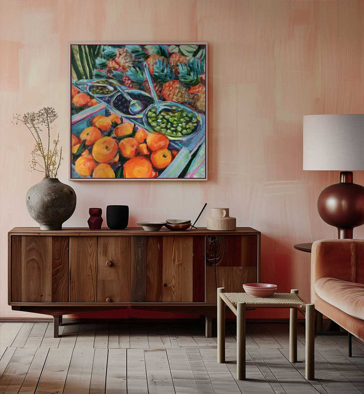 Framed colorful olive and citrus art above midcentury sideboard, OLIVE LOVER , KITCHEN POSTERS evoke Mediterranean charm