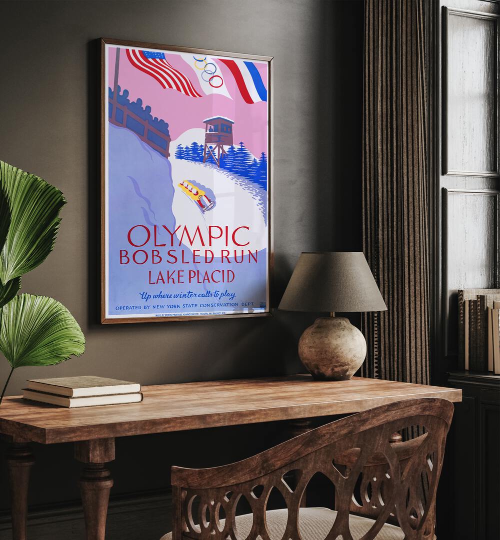 Olymic Bobsled Run Retro Vintage Travel Vintage Travel Posters in Dark Wood Plain Frame on a wall above a study table beside a window