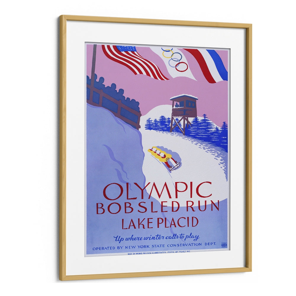 Olymic Bobsled Run Retro Vintage Travel Vintage Travel Posters in Oak Wood Frame With Mount