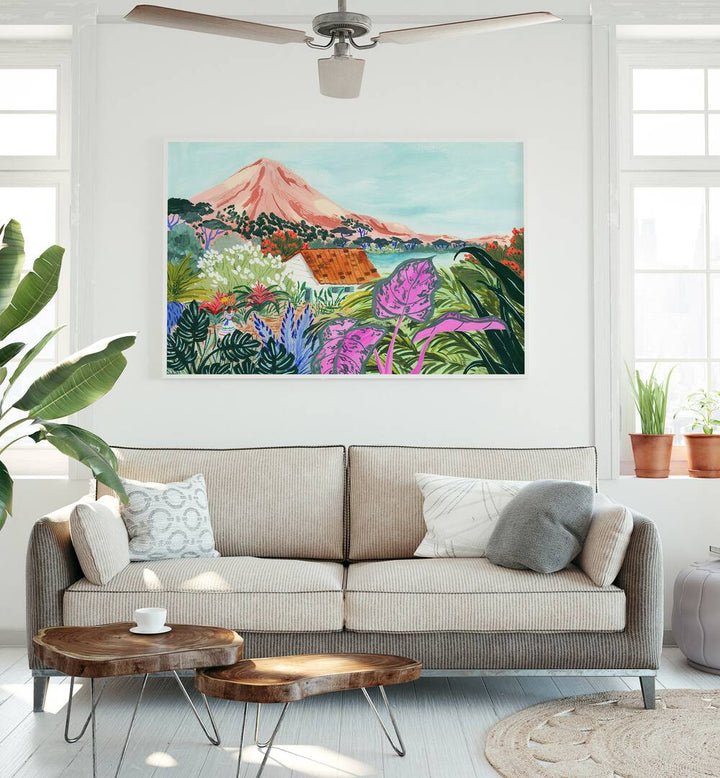 Ometepe By Sarah Gesek Landscape Art Prints in Gallery Wrap placed on a living room wall behind a sofa and between two windows