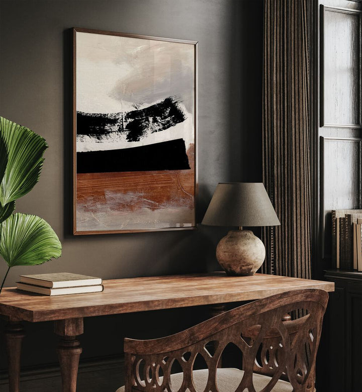 On Deck By Dan Hobday Abstract Art Abstract Paintings in Dark Wood Plain Frame placed on a Brown Colored Wall near a Study Table in the Drawing Room