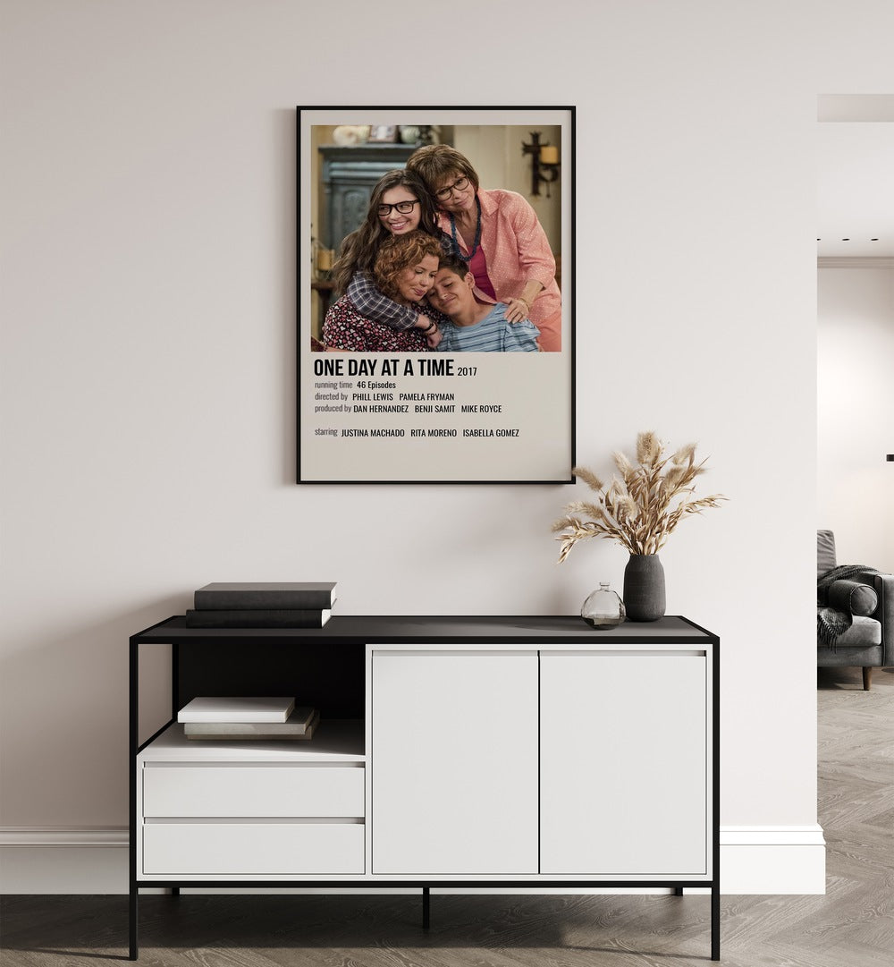 One Day At A Time 2017 Movie Posters in Black Plain Frame hanging on wall above console table