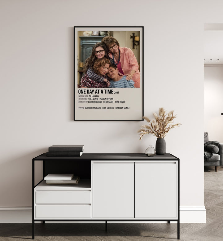 One Day At A Time 2017 Movie Posters in Black Plain Frame hanging on wall above console table
