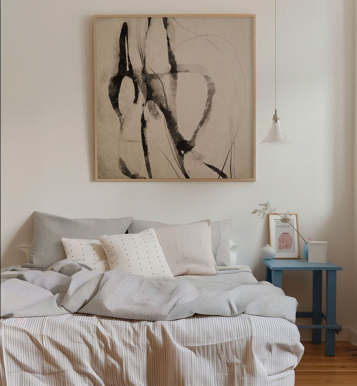 Onisa By Dan Hobday Abstract Art Abstract Paintings in Oak Wood Plain Frame placed on a White Colored Wall near a Bed in the Bedroom