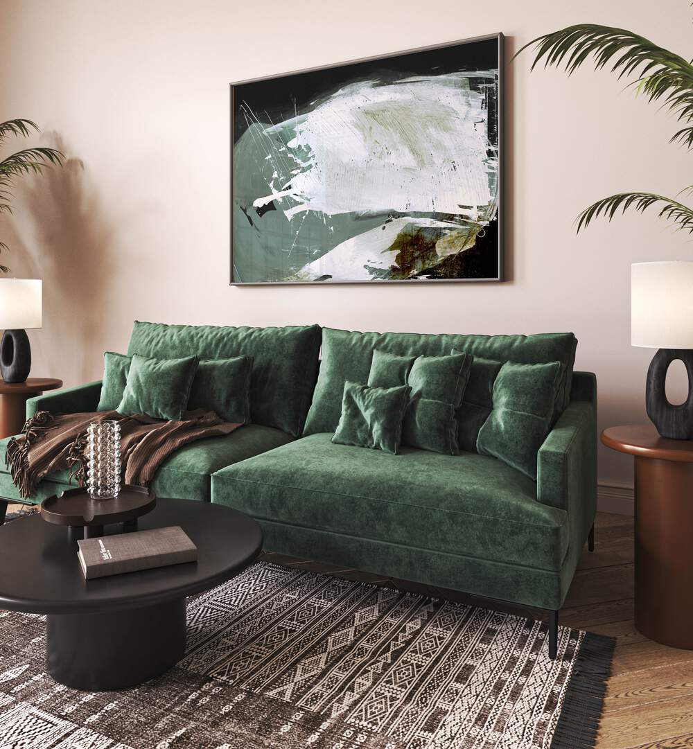 Open Sea By Dan Hobday Abstract Art Abstract Paintings in Black Plain Frame placed on a Cream Colored Wall near a Green Sofa in the Living Room