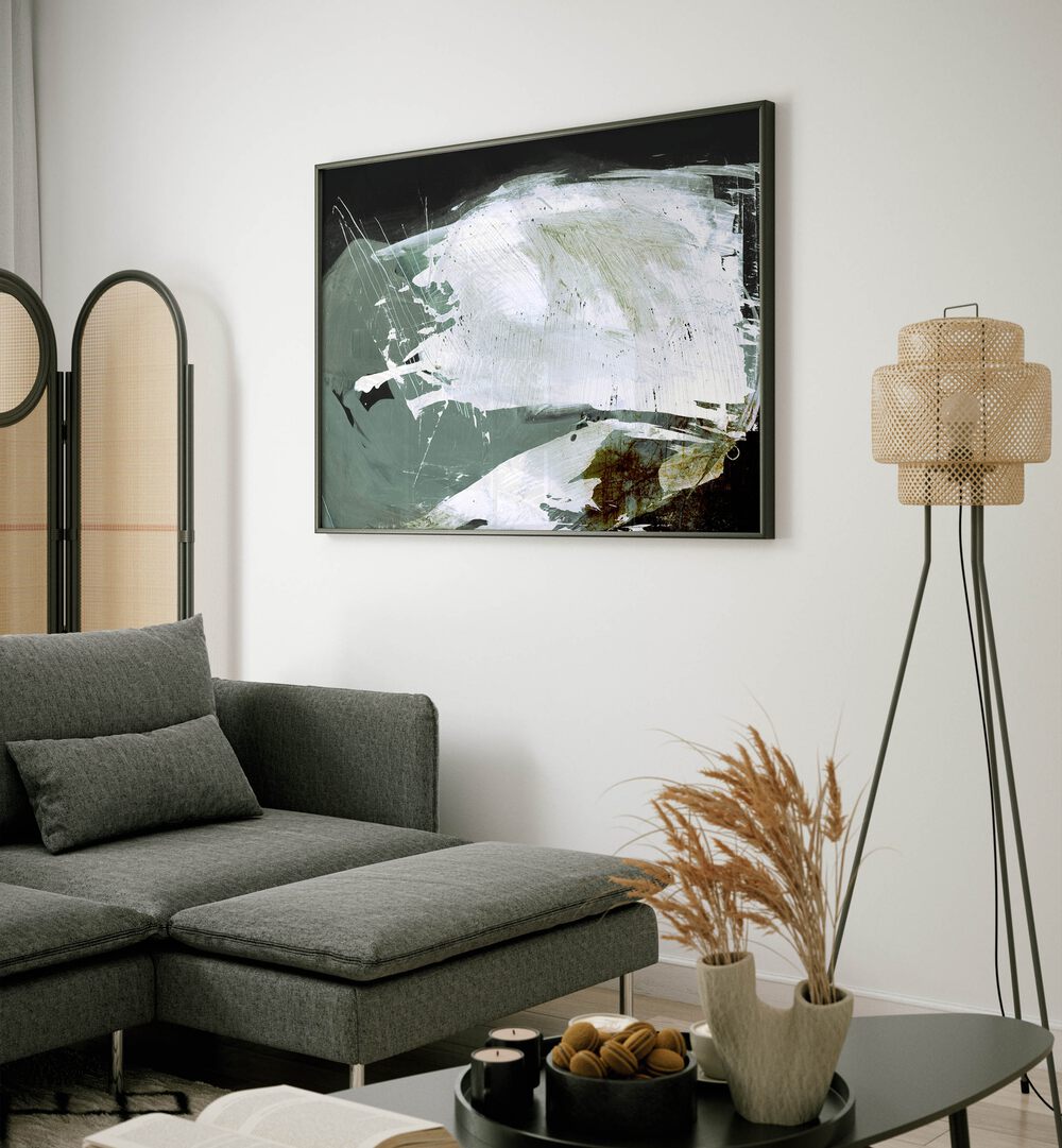 Open Sea By Dan Hobday Abstract Art Abstract Paintings in Black Plain Frame placed on a Cream Colored Wall in the Living Room