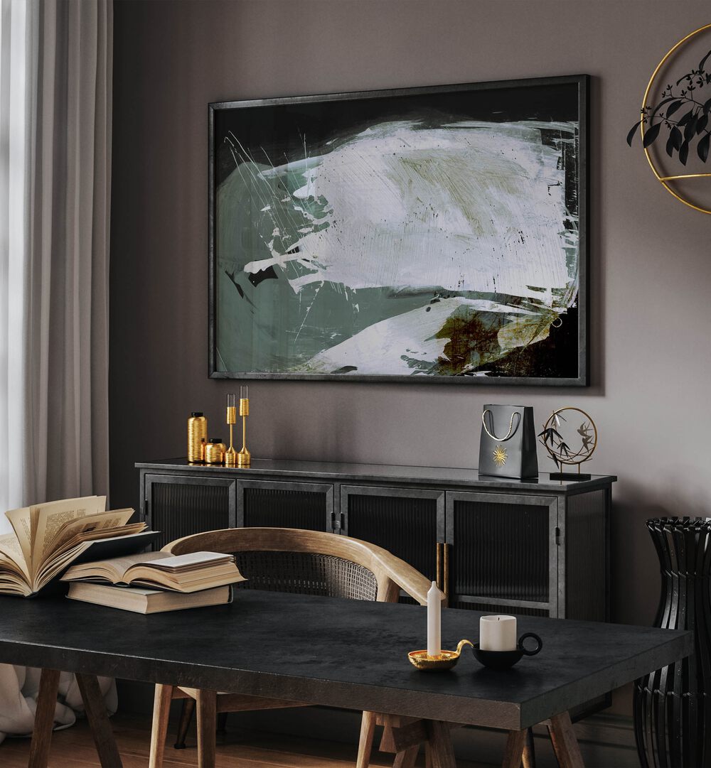 Open Sea By Dan Hobday Abstract Art Abstract Paintings in Black Plain Frame placed on a Dark Grey Colored Wall above a Console Table in the Drawing Room