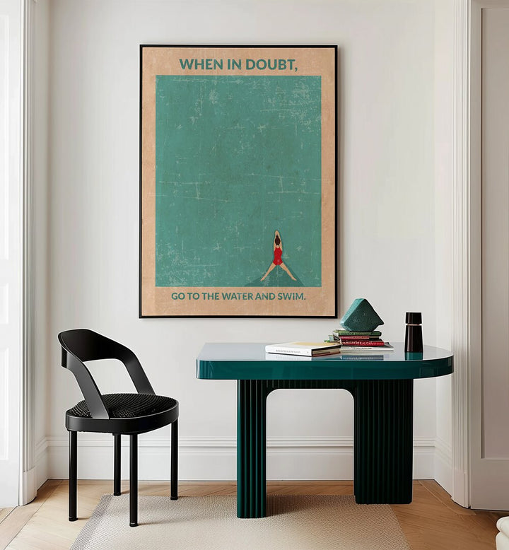 Open Water Standard Wall Art Sports Posters in Black Plain Frame placed on a wall behind a study table