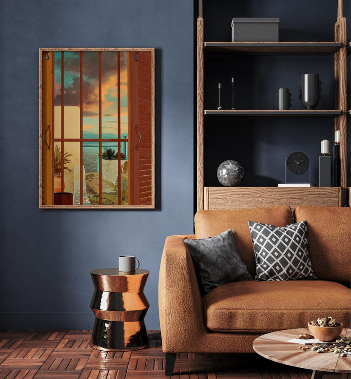 Open Window By Cosmo Zach Surreal Art Prints Surrealism in Oak Wood Plain Frame placed on the blue wall beside a sofa