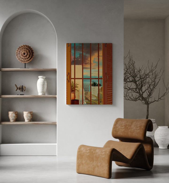 Open Window By Cosmo Zach Surreal Art Prints Surrealism in Gallery Wrap placed on a wall behind a chair