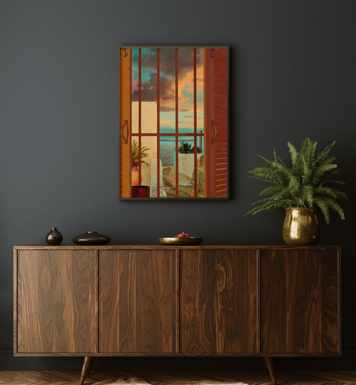 Open Window By Cosmo Zach Surreal Art Prints Surrealism in Dark Wood Plain Frame placed on the wall behind a console table