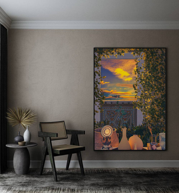 Opening By Cosmo Zach Surreal Art Prints Surrealism in Black Plain Frame placed on a wall beside a chair