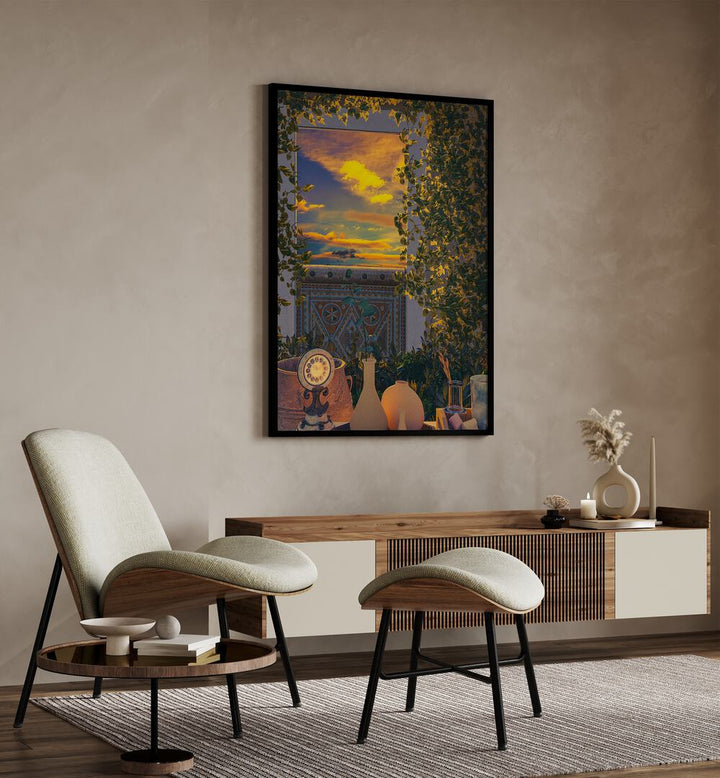 Opening By Cosmo Zach Surreal Art Prints Surrealism in Black Plain Frame placed on a wall behind a console table and beside a chair