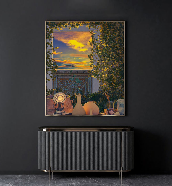 Opening By Cosmo Zach Surreal Art Prints Surrealism in Oak Wood Plain Frame placed on a wall behind a console table