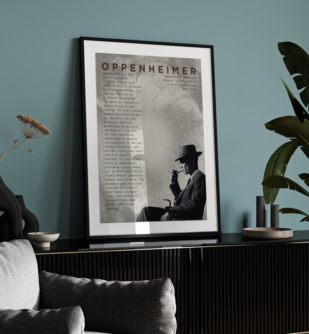 Oppenheimer by Grishma Korjani Movie Posters Artwork III Placed on a wall In A Living Room