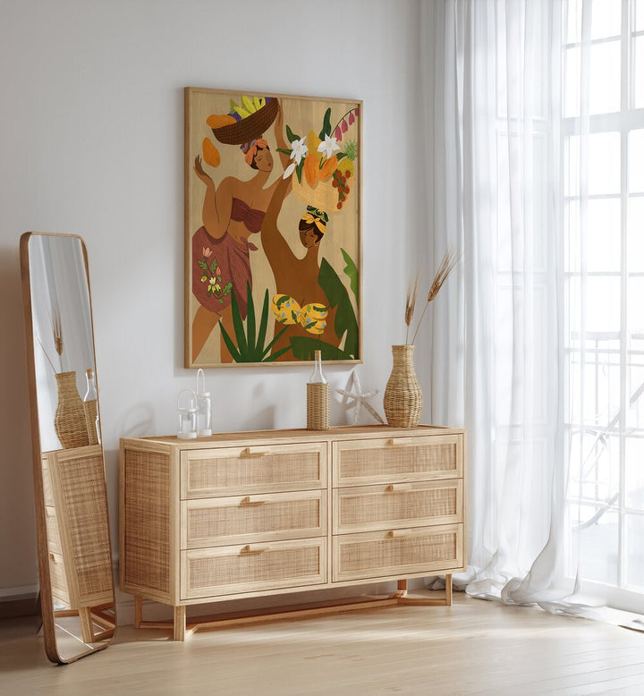 Opps Papaya By Arty Guava Wall Art Prints in Oak Wood Plain Frame placed on a White Colored Wall above a Console Table in the Drawing Room 