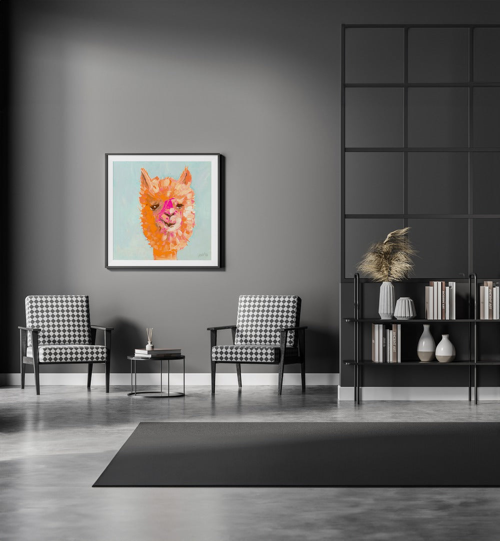 Orange Alpaca By Ania Zwara Kids Room Paintings Kids Room Wallart in Black Frame With Mount placed on a Dark Grey Colored Wall in the Drawing Room