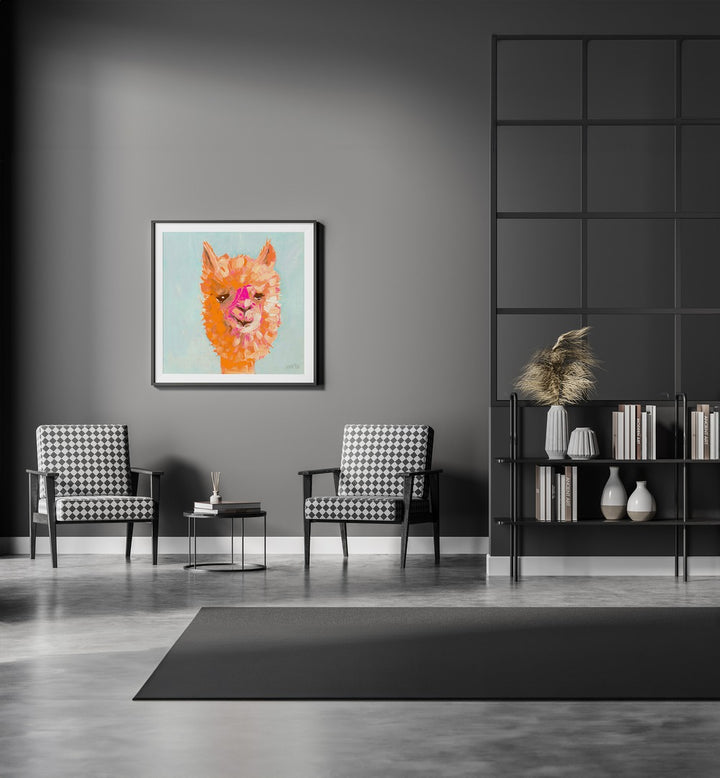 Orange Alpaca By Ania Zwara Kids Room Paintings Kids Room Wallart in Black Frame With Mount placed on a Dark Grey Colored Wall in the Drawing Room