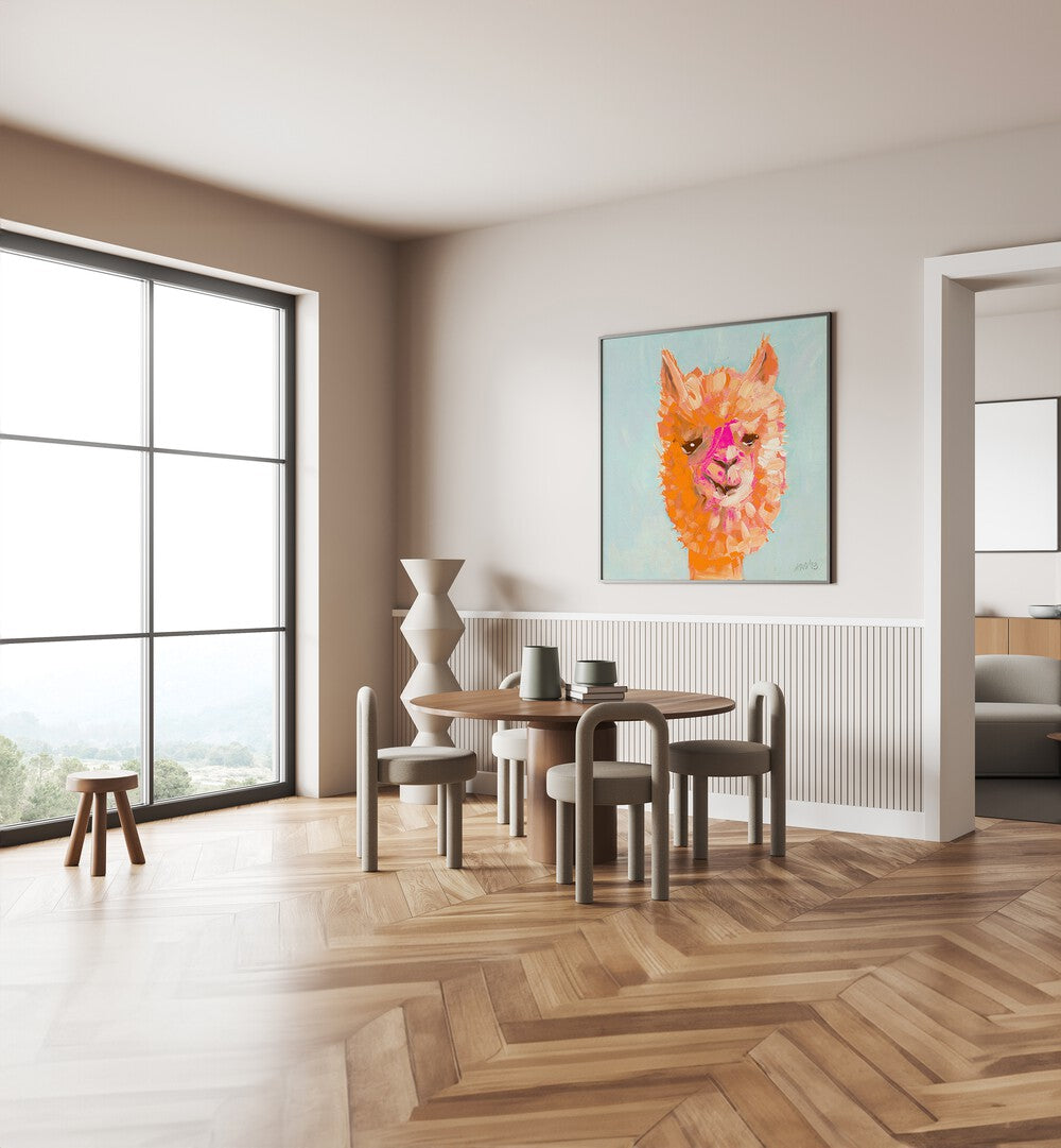 Orange Alpaca By Ania Zwara Kids Room Paintings Kids Room Wallart in Black Plain Frame placed on a Cream Colored Wall near a Dining Table in the Dining Room