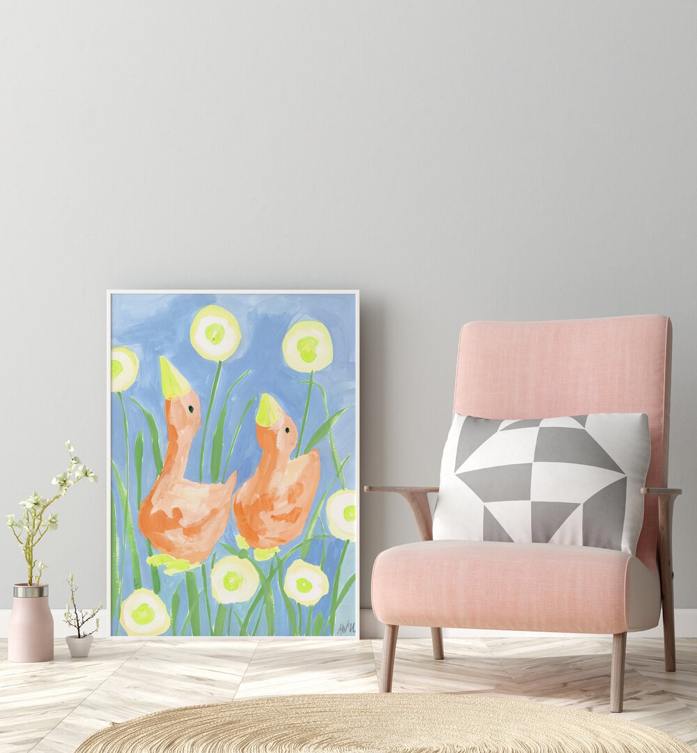 Orange Gees In The Garden By Ania Zwara Kids Room Paintings Kids Room Wallart in White Plain Frame placed on the floor near a Grey Colored Wall in the Drawing Room